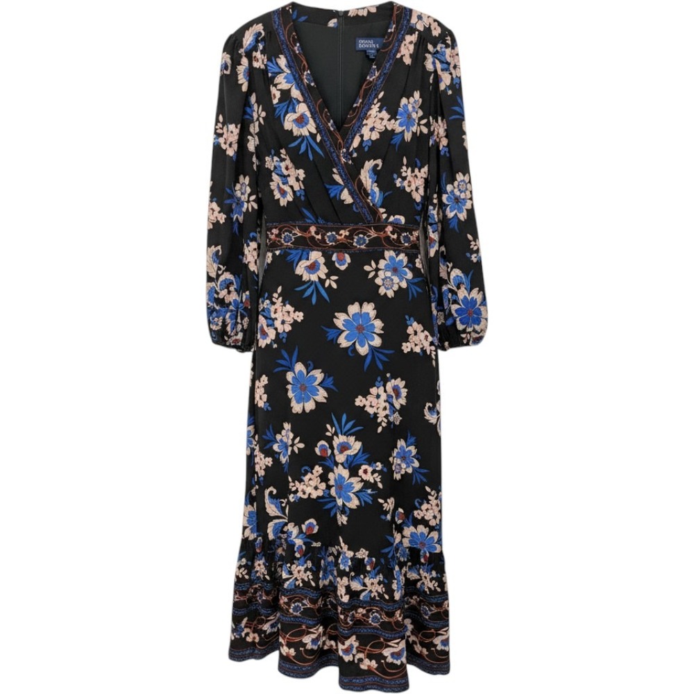 Donna Morgan Dress Women 12 Black Floral Faux Wrap V Neck Maxi Long Sleeve Boho
